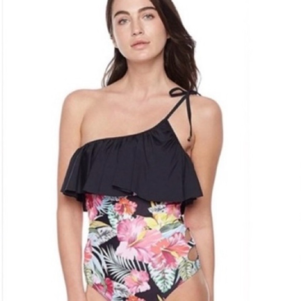Women's Ruffles One Shoulder Asymmetrical Floral Monokini Side Cut Outs Size XL